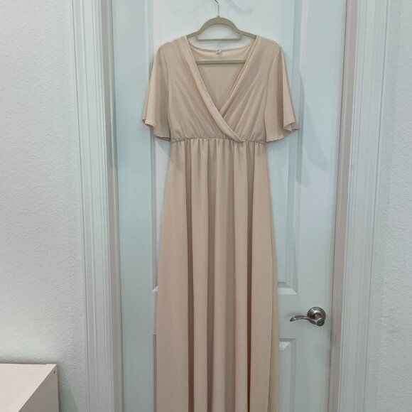 PinkBlush Beige Chiffon Bell Sleeve Maxi Dress Size Small - Picture 3 of 11